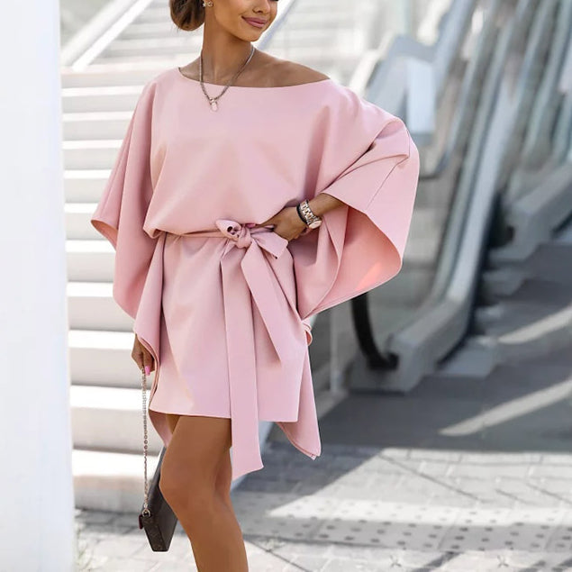 Off-Shoulder Asymmetric Dolman Sleeve Loose Dress Wholesale Dresses