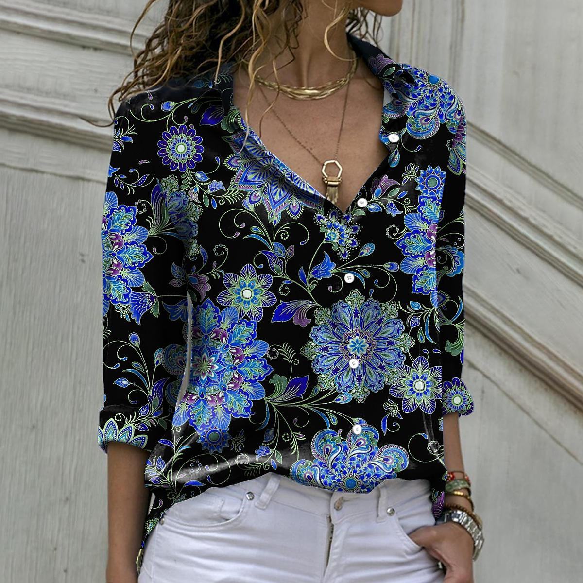 Retro Floral Mulitcolor Kaleidoscope Printed Fashion Womens T Shirts Long Sleeve Wholesale Blouse