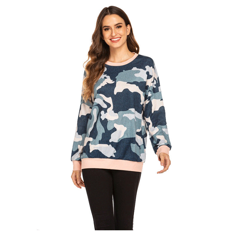 Round Neck Camo Printed Pullover Sweatshirts Wholesale Womens Tops