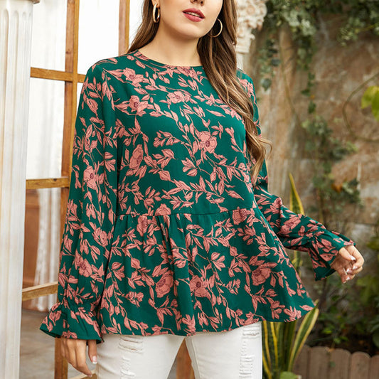 Leaf Print Ruffle Sleeve Round Neck Wholesale Plus Size Tops