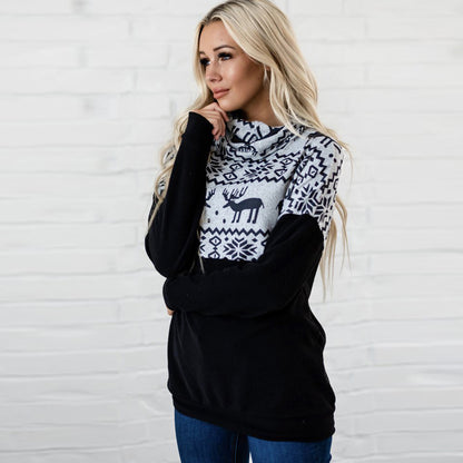 Women Pile Collar Christmas Deer Pattern Hoodie