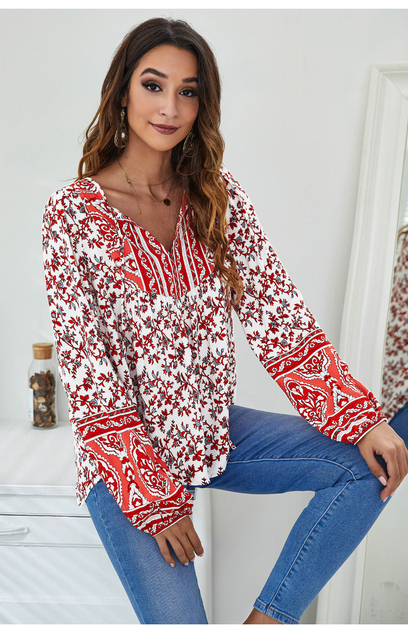 V-Neck Printed Loose Lantern Sleeve Top Sweatshirt