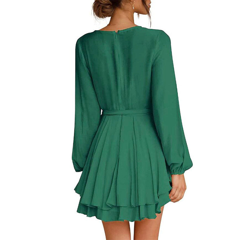 Solid Color Long Sleeve V Neck Irregular Wholesale Ruffle Dresses