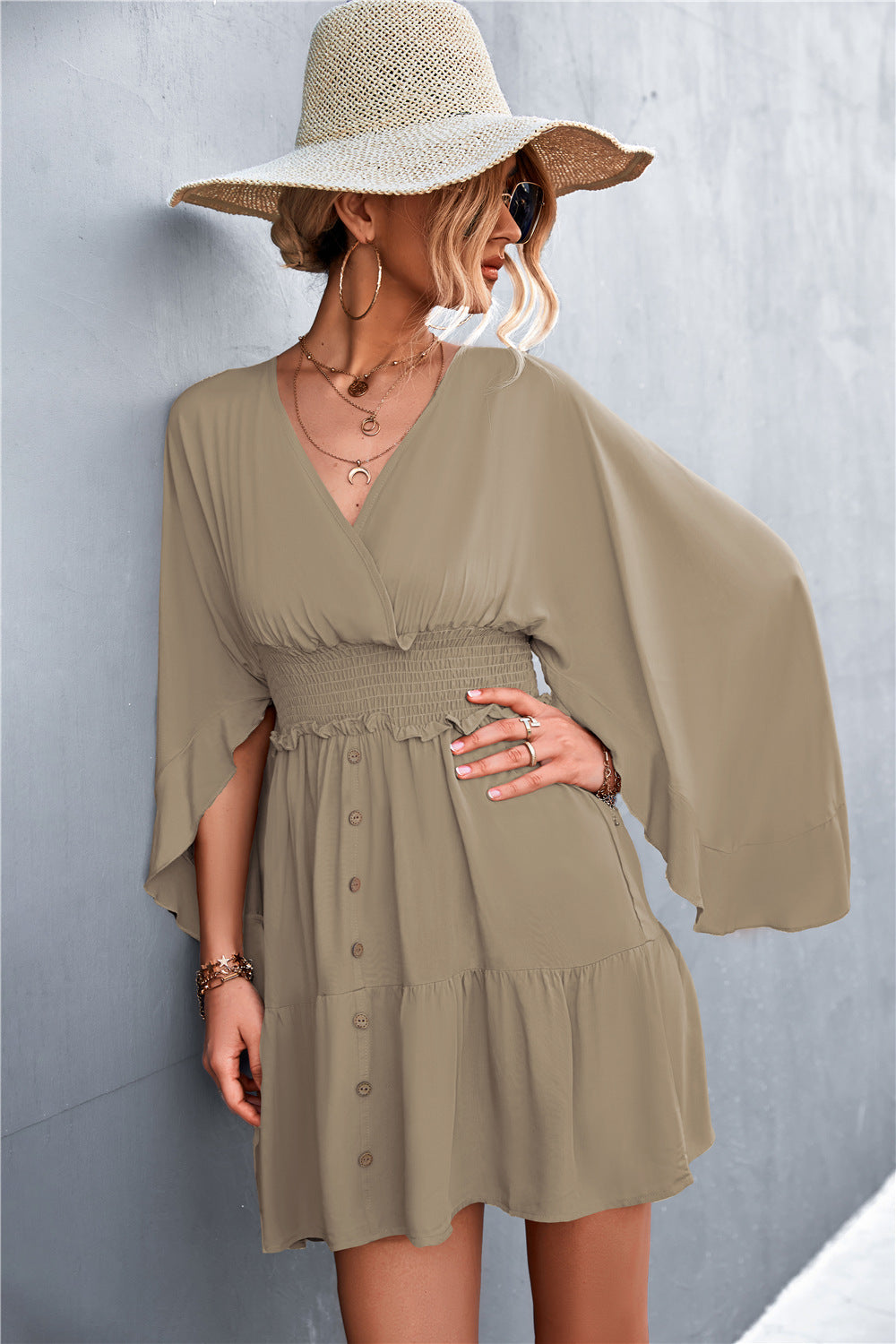 Batwing Sleeve V Neck Elastic Waist Wholesale Swing Dresses For Women Summer