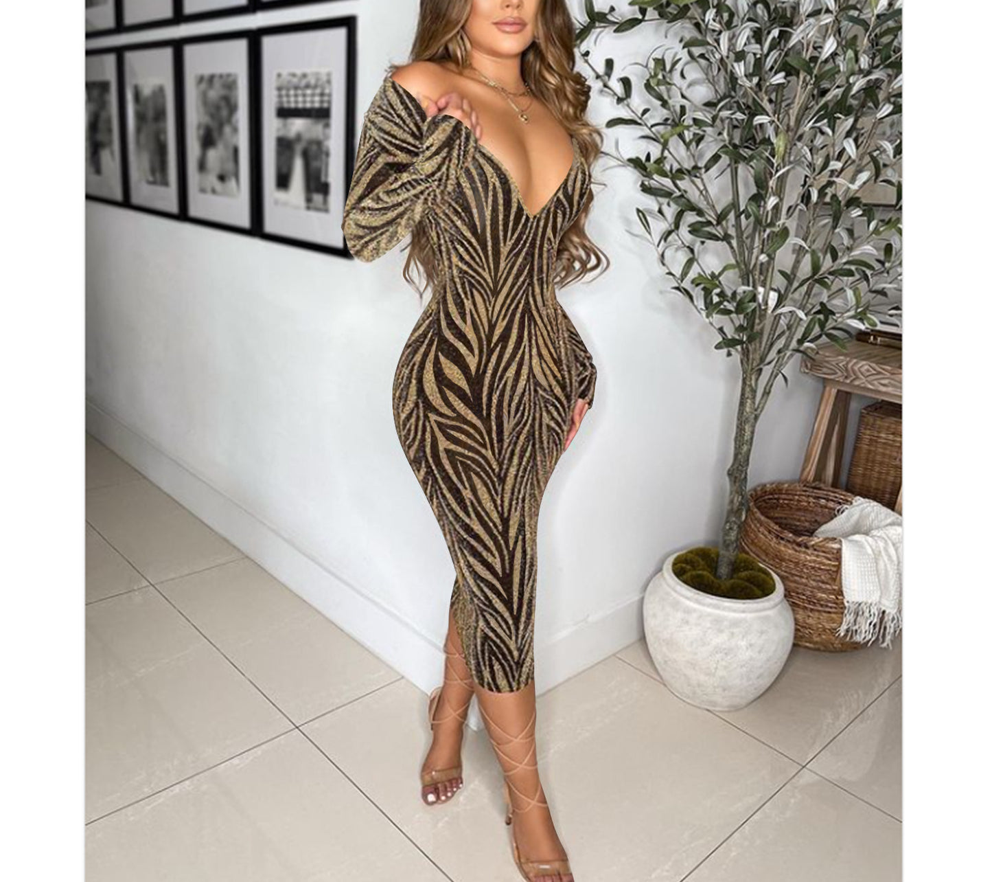 Sexy Women Deep V Long Sleeve Printing Dress Wholesale