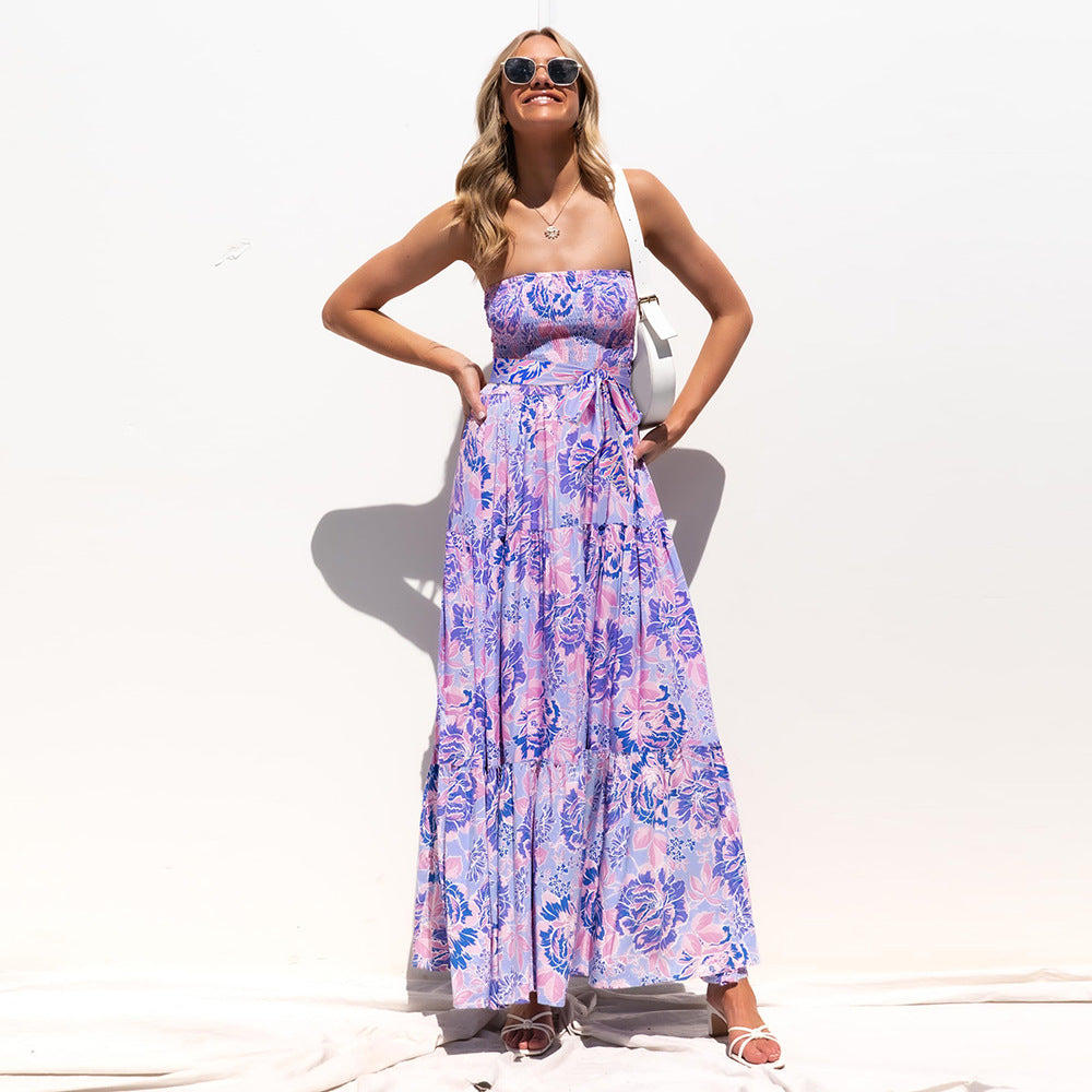 Floral Print Off Shoulder Tie Waist Wholesale Maxi Dresses Summer