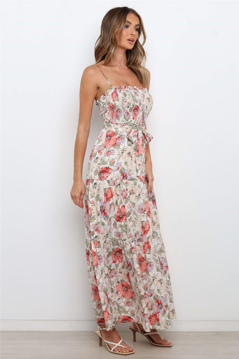 Floral Print Lace-Up Vacation Beach Sling Maxi Dresses Wholesale Bohemian Dress For Women
