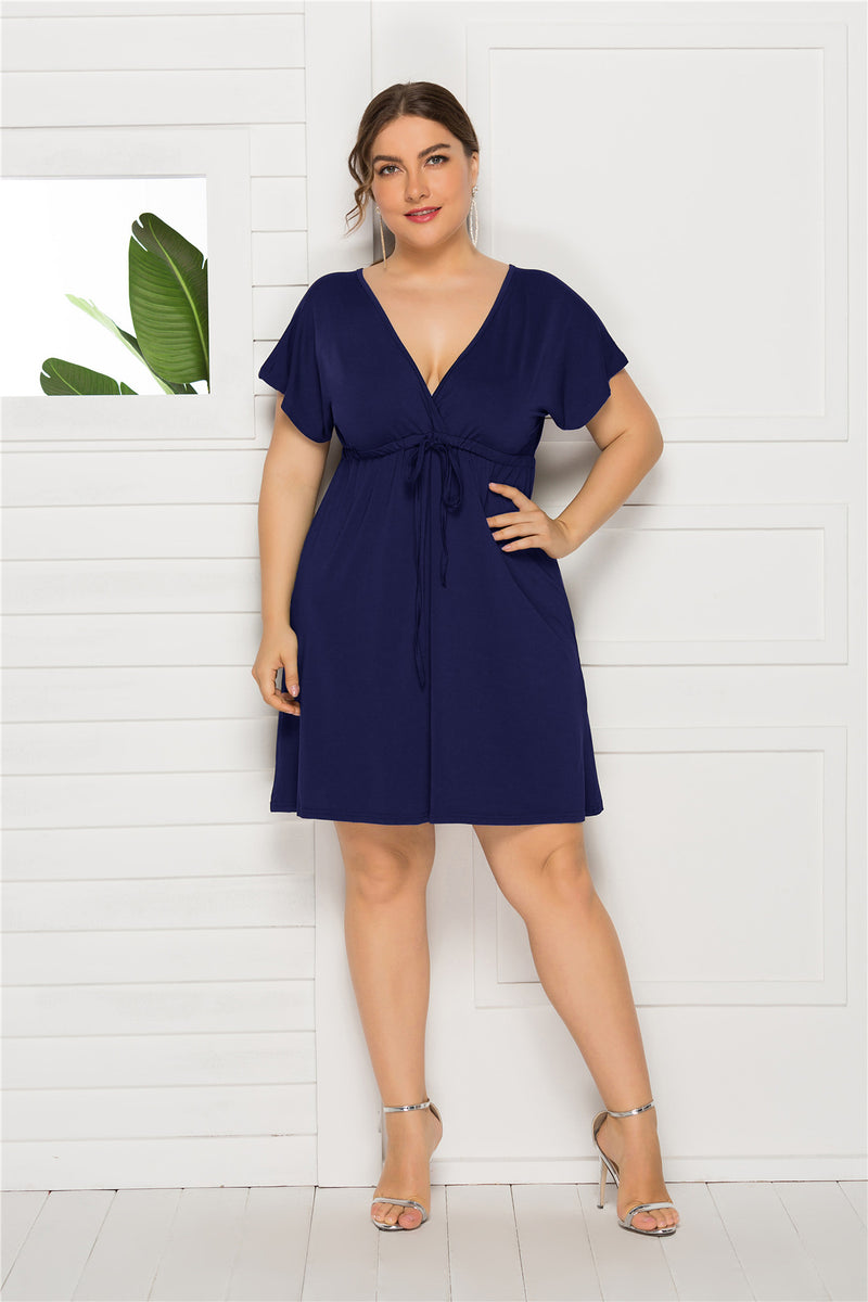 Sexy Solid Color Short Sleeve Deep V Neck Short Curve Dresses Wholesale Plus Size Clothing SD203069