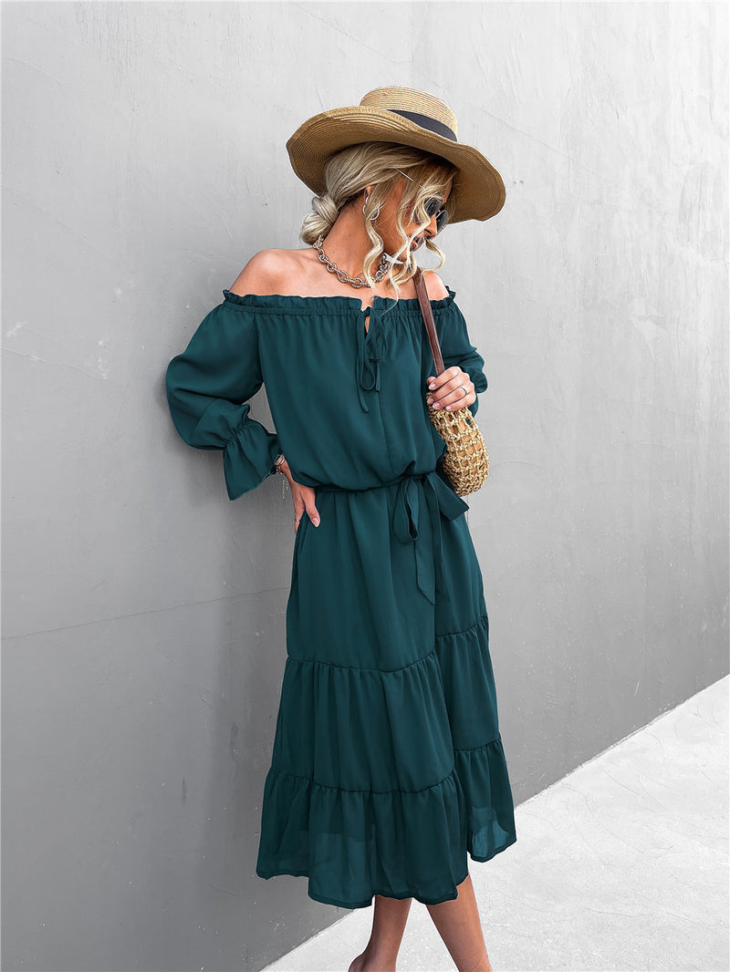 One-Shoulder Lace-Up Ruffless Wide Swing Lantern Sleeve Midi Dress Casual Wholesale Dresses