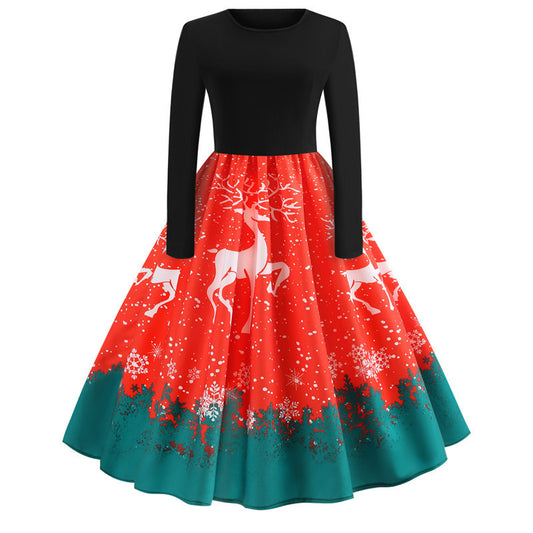 Christmas Printed Retro Dress Women Wholesale