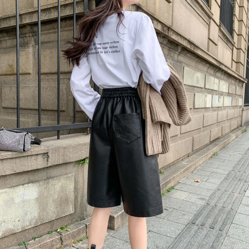 PU Leather Solid Casual Commute Wide Leg Shorts