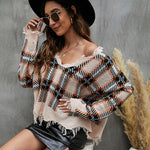V-Neck Pullover Fashion Women's Checkered Loose Wholesale Knitted Sweater