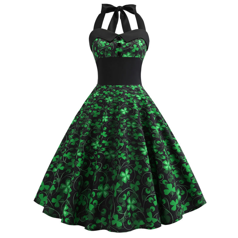 Four Leaf Clover Retro Halter Floral Midi Dress Wholesale For St. Patrick'S Day Wholesale Women's Holiday Wear
