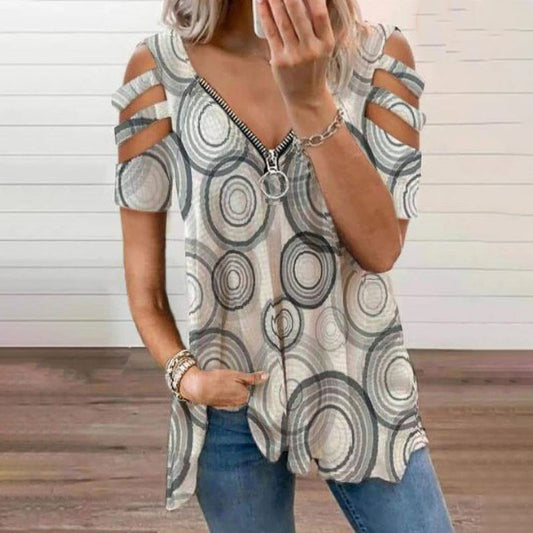 Hollow Print Zipper V-Neckline Tops T Shirt Wholesale