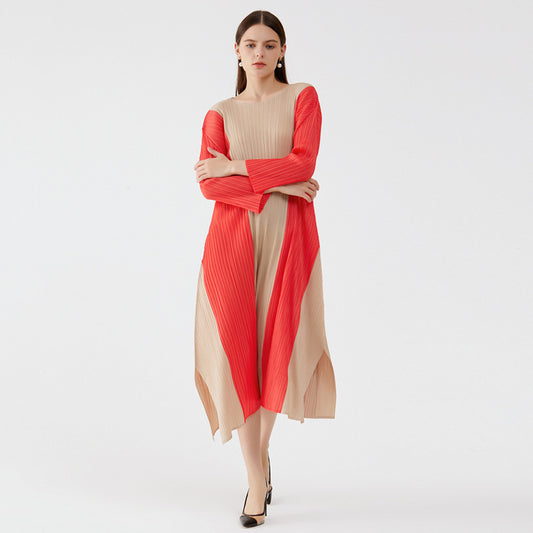 Slit Asymmetrical Colorblock Long Sleeve O-Neck Loose Midi Dress