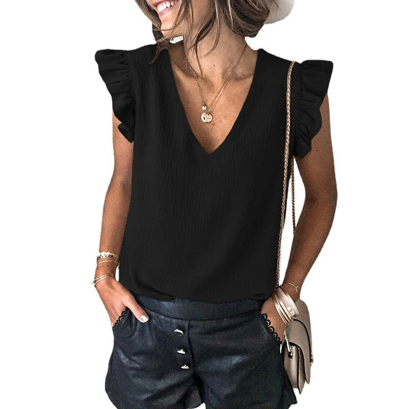 Plain Color Ruffle Sleeveless V Neck Wholesale Tank Tops for Women