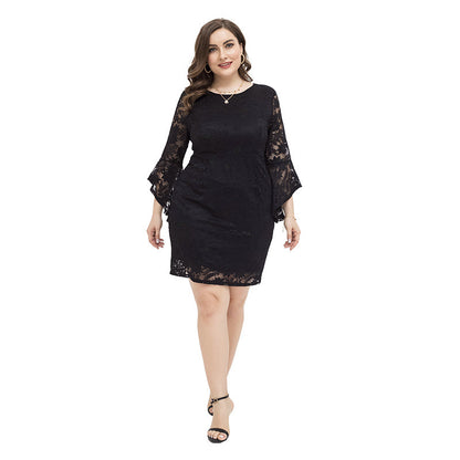 Plus Size Lace Flare Sleeve Slim Short Dress