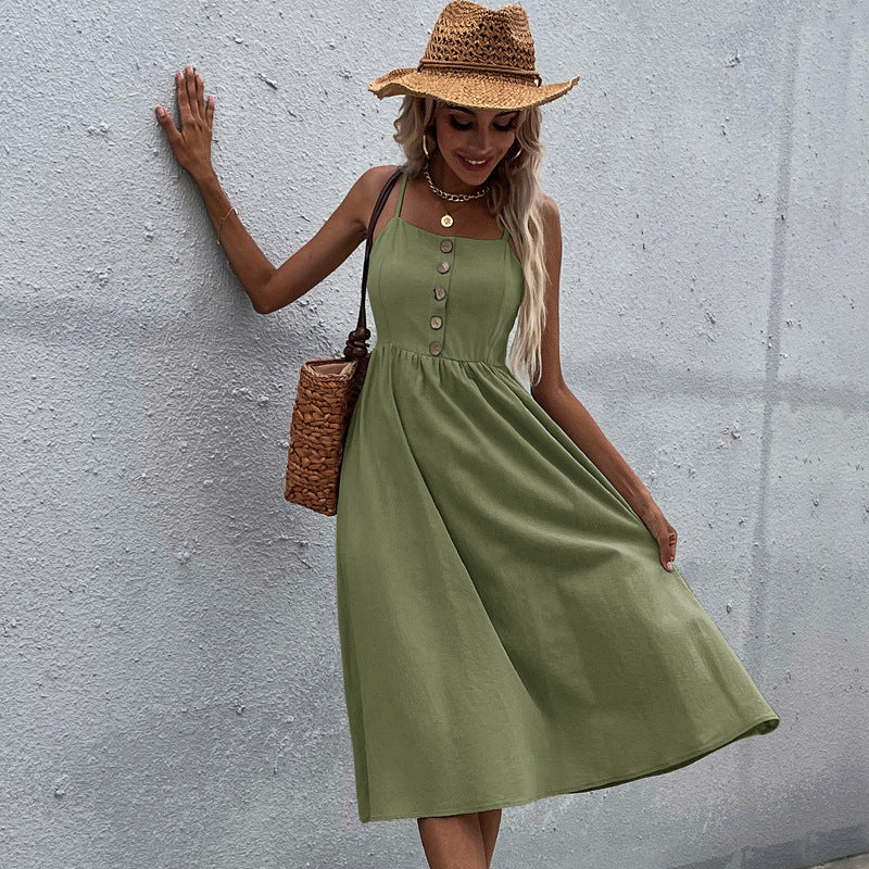 Linen Solid Color Wholesale Dresses Cami Dresses Casual Sleeveless A-Line Dress