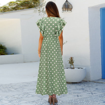 Deep V Polka Dot Print Nipped Waist Vintage Vacation Dress Ruffles Wholesale Maxi Dresses