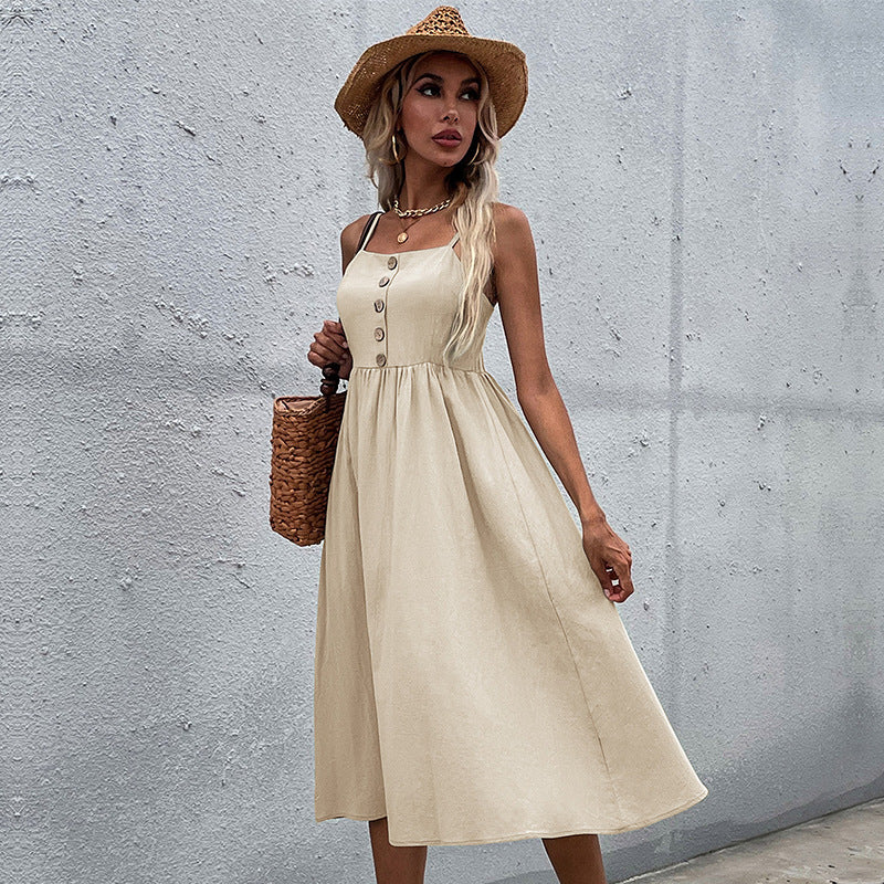 Cotton Linen Solid Color Sleeveless Sling Wholesale Swing Dresses Summer