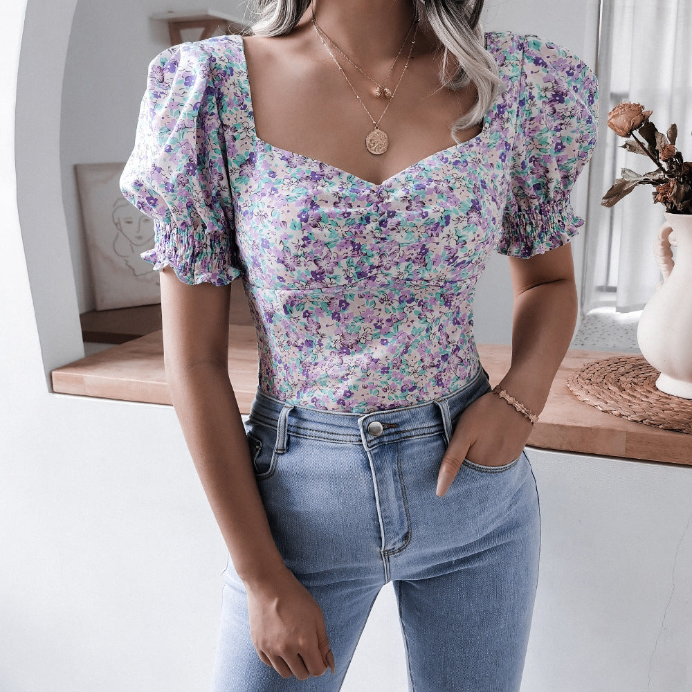 Casual Puff Sleeve Square Neck Floral Printed Chiffon Retro Womens Tops Wholesale T Shirts