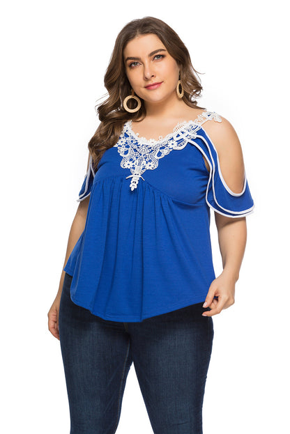 Lace-Paneled Short-Sleeved Wholesale Plus Size Tops For Valentine'S Day