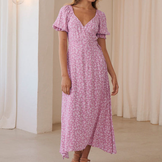 V-Neck Valentine'S Day Short Bubble Sleeve Wholesale Maxi Dress