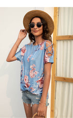 Round Neck Floral Print Crossover Short Sleeve Fashion Womens Tops Casual Wholesale T-Shirts