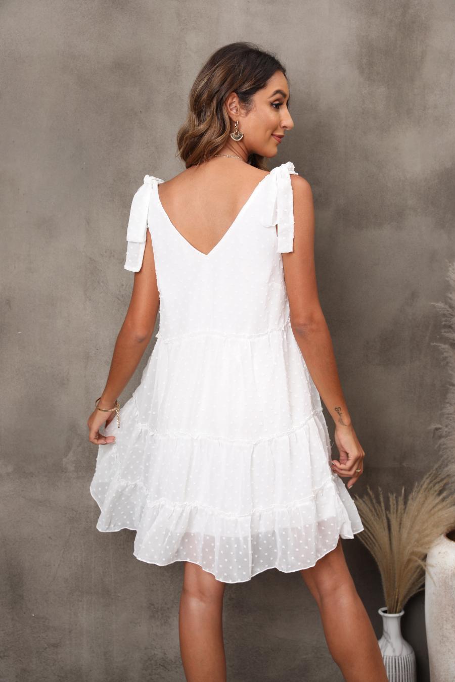 Chiffon Sleeveless V Neck Dress Solid Color Lace-Up A-Line Wholesale Dresses