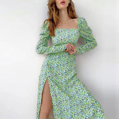 Square Neck Floral Puff Sleeve Midi Dress High Slit Long Sleeve Wholesale Dresses