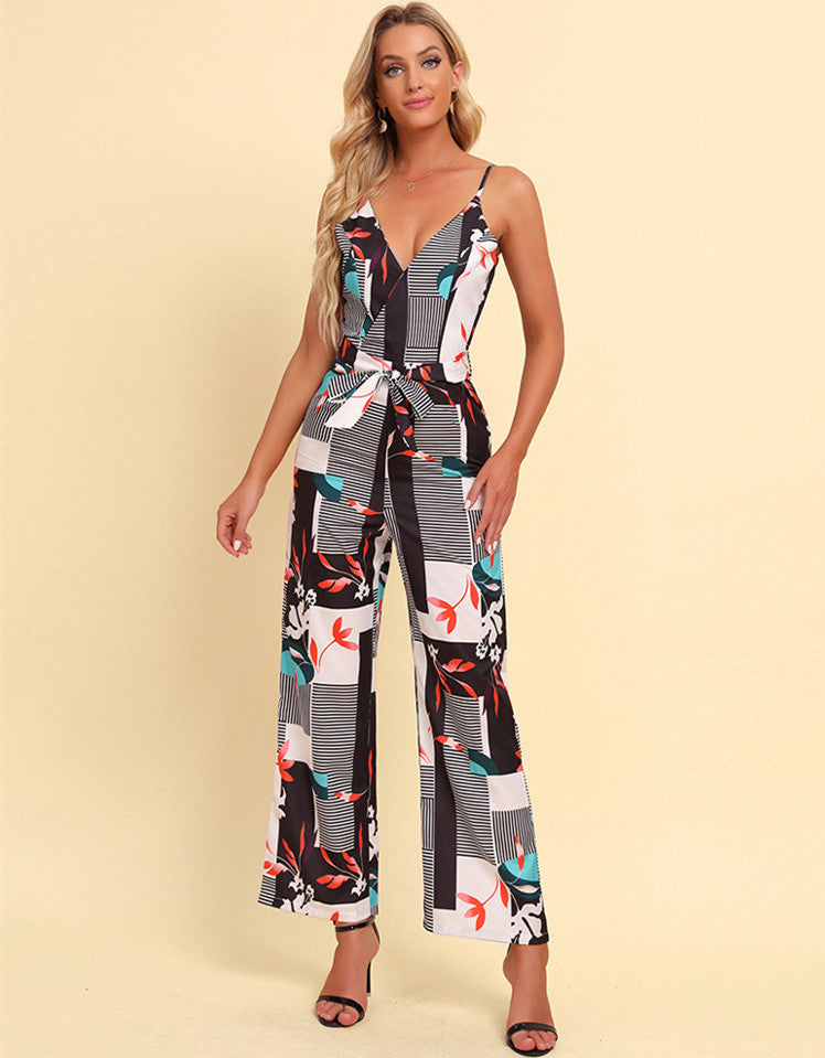 Sexy Deep V-Neck Sling Print Lace-Up Backless Wholesale Jumpsuits