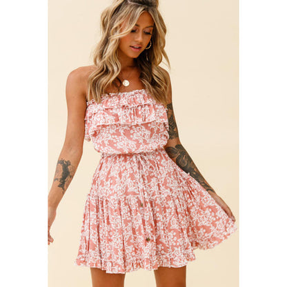 Floral Print Off Shoulder Backless Ruffles Wide Swing Wrap Mini Tube Dress Holiday Sexy Wholesale Dresses