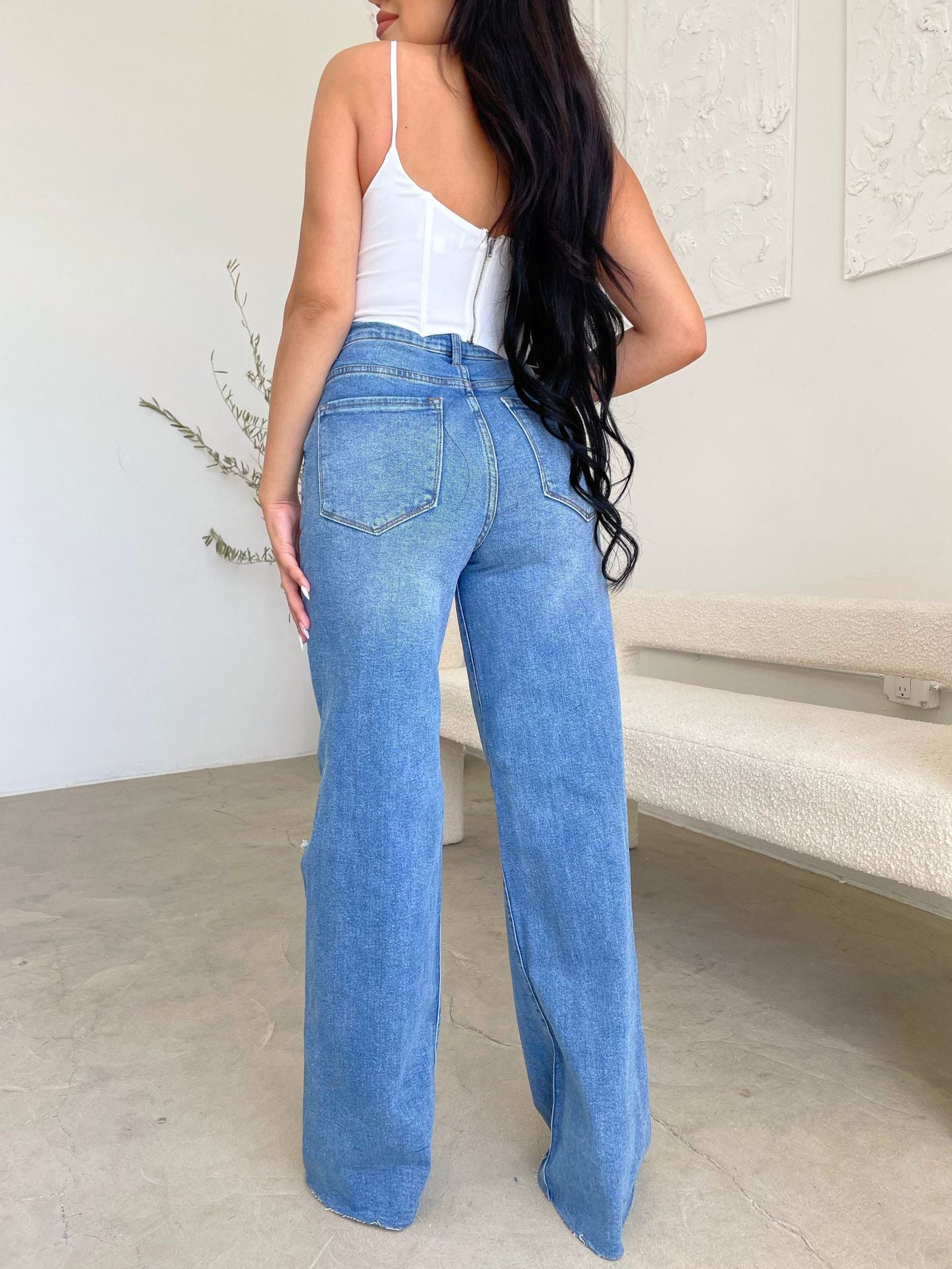 Casual Wide-Leg Mopping Pants High Waist Solid Color Simple Ripped Jeans Wholesale Jeans