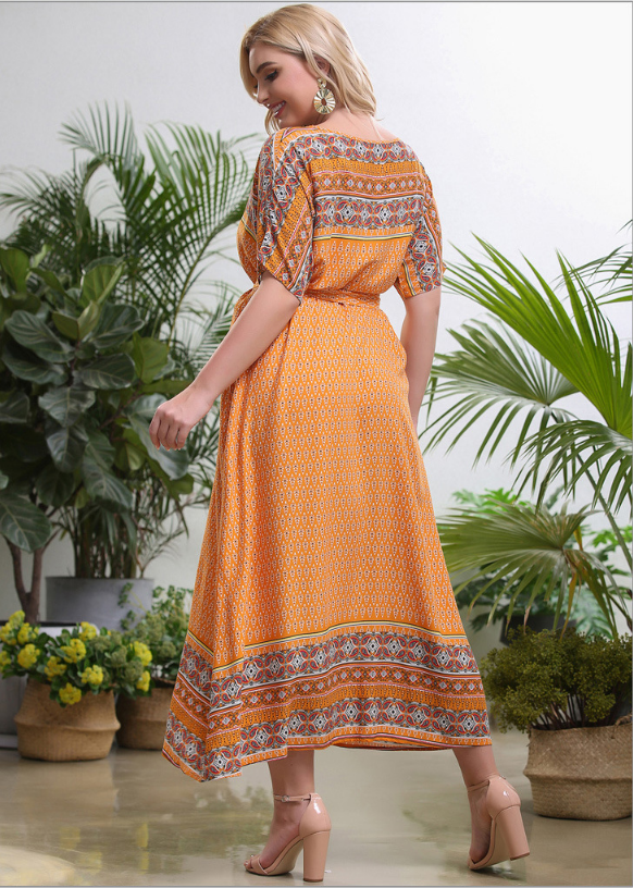 Casual Print Lace-Up Midi Dress Loose Short Sleeve Plus Size Wholesale Dresses