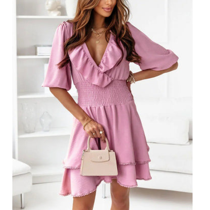 Short-Sleeve V-Neck Nipped Waist Ruffled Dress Wholesale Dresses