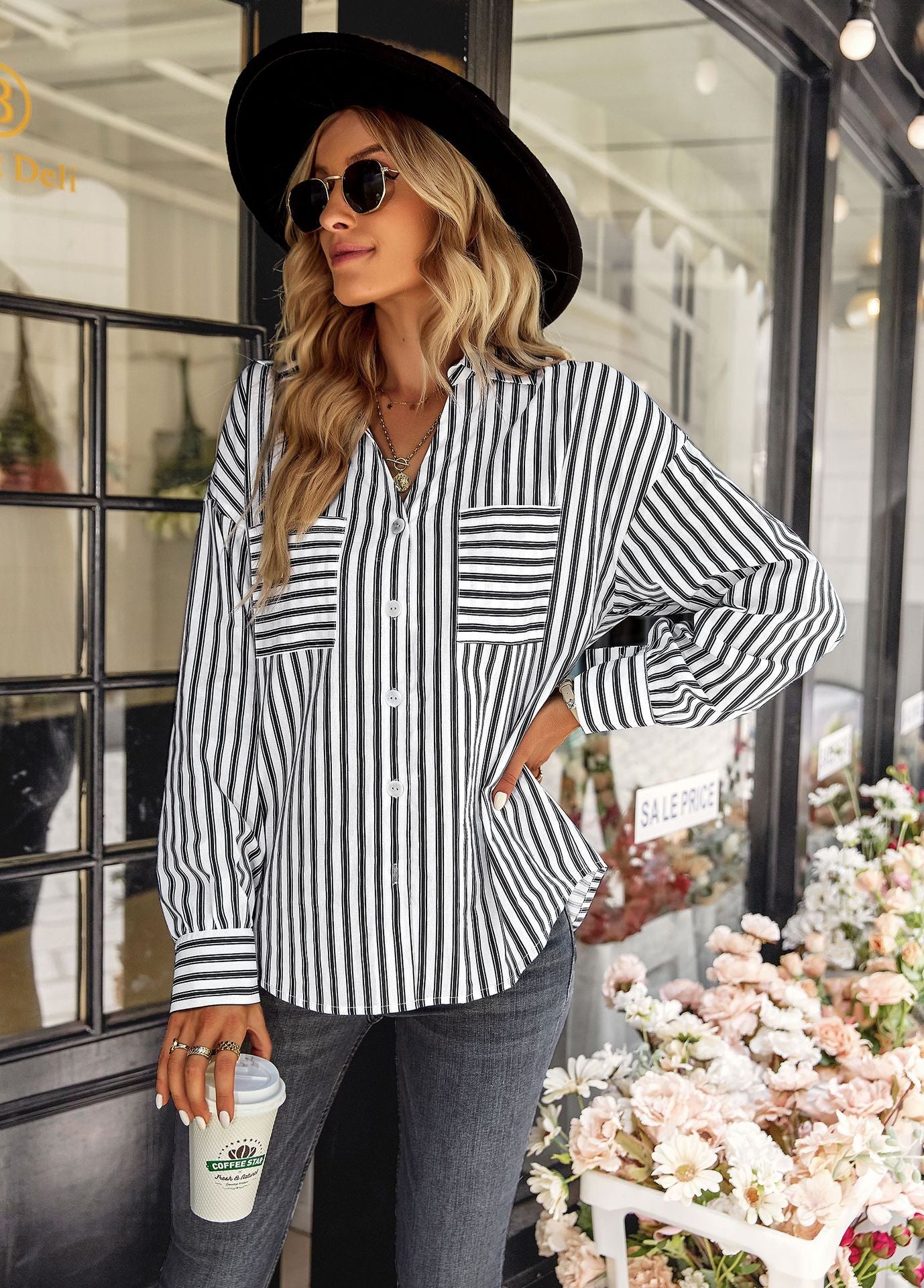 Casual Stripes Single-Breasted Lapel Tops Wholesale Womens Long Sleeve T Shirts