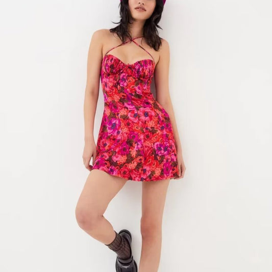 Printed Sleeveless Halter Neck Sexy Floral Dress Wholesale Dresses