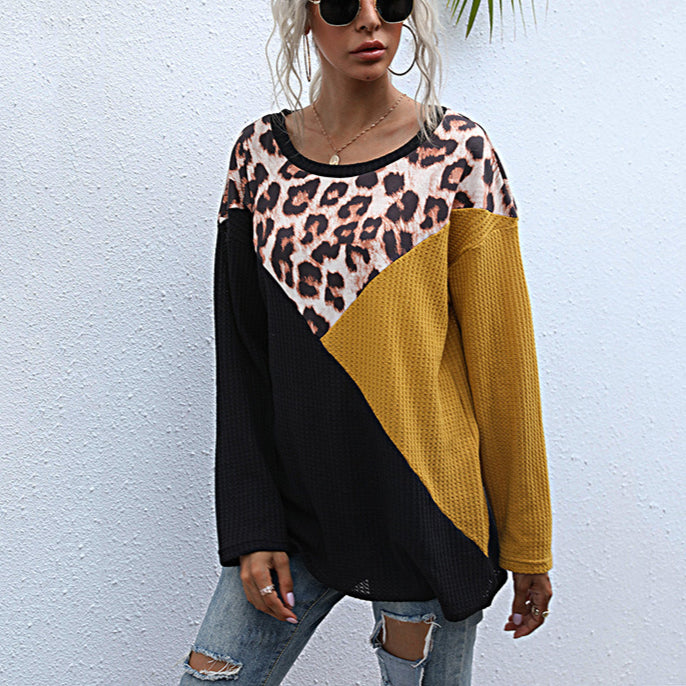 Casual Leopard Tops Loose Crew Neck Wholesale Womens Long Sleeve T Shirts