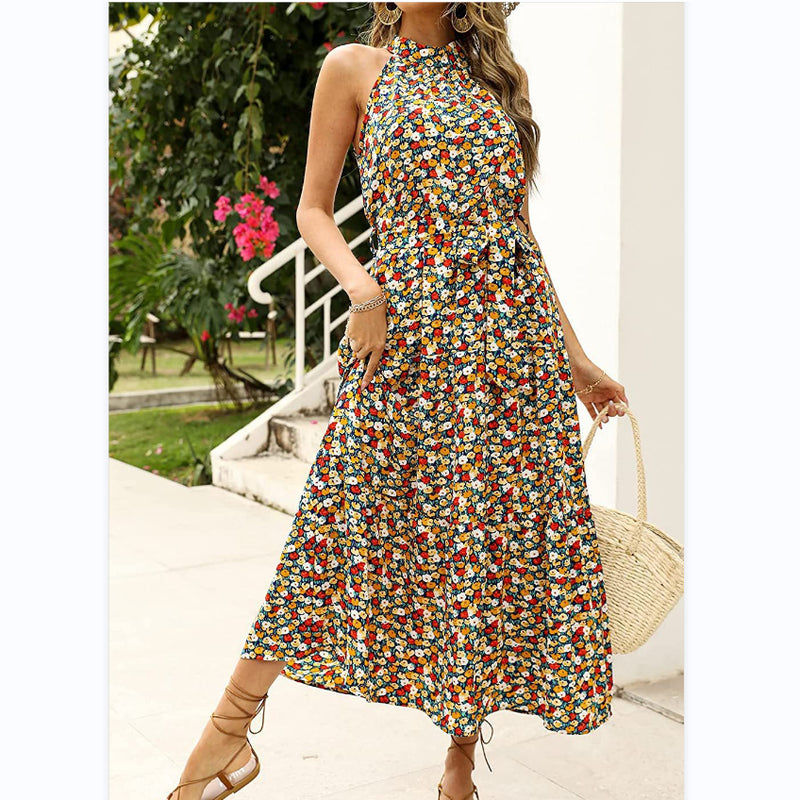 Sleeveless Off-The-Shoulder Printed Bohemian Dress Wholesale Dresses