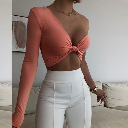 Sexy Irregular Chest Wrap Solid Color One Shoulder Wholesale Crop Tops