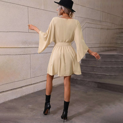 Round Neck Solid Color Tie-Up Waist Long Sleeve Casual Dress Wholesale Dresses SDN538014