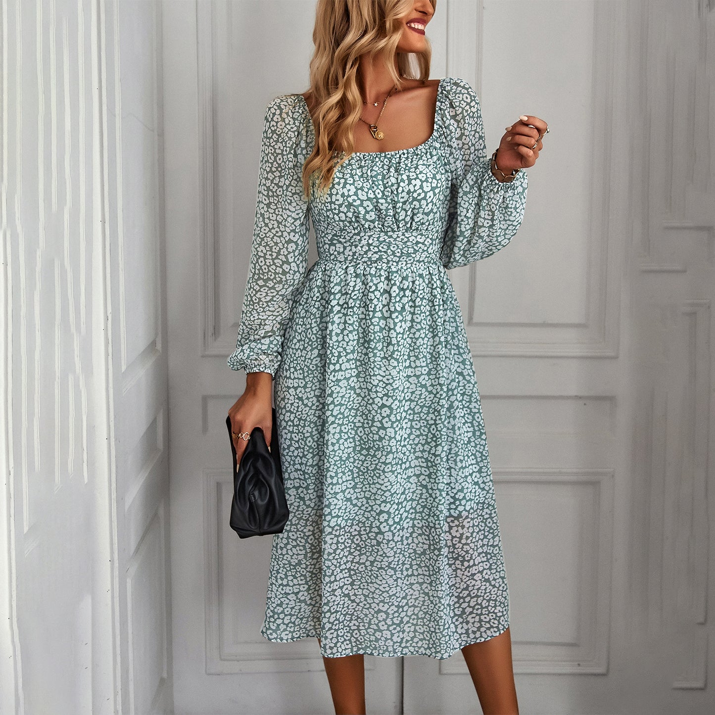 Floral Print Long Sleeve Square Neck Midi Dress Wholesale Dresses