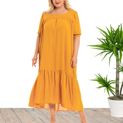 Casual Crew Neck Midi Swing Dress Loose Short Sleeve Dresses Wholesale Plus Size Clothing (Without Belt)