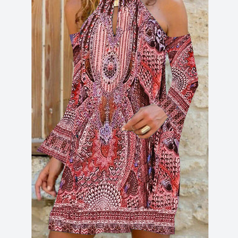 Off-Shoulder Print Loose Long Sleeve Wholesale Bohemian Dress For Women