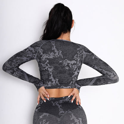 Seamless Long-Sleeve Camo Tight Yoga Women'S Fitness Short Shirt Wholesale Activewear Tops