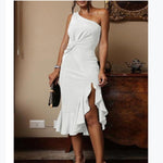 Fashion Slanted Shoulder Open-Back Hem Slit Ruffles Evening Dress Elegant Wholesale Dresses