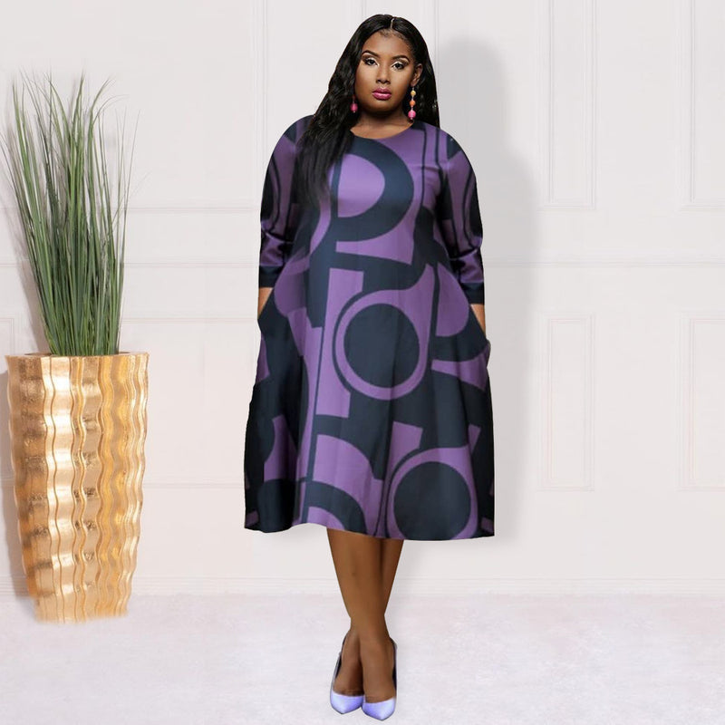 Wholesale Women Plus-Size Clothing Digital Printing Contrasting Color Round Neck Sleeves Large Swing Dress