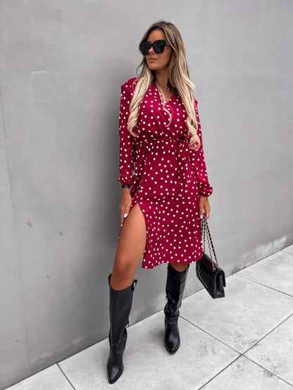 Polka Dot Print Lace-Up Long Sleeve Dress Wholesale Dresses