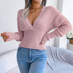 V-Neck Hollow Long Sleeve Pullover Knitted Sweater Wholesale Clothing Vendors