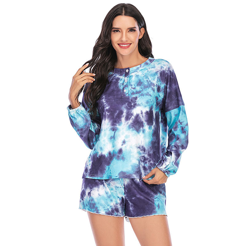 Tie Dye Print Long Sleeve Tops & Shorts Homewear Pajamas Sets Wholesale Loungewear